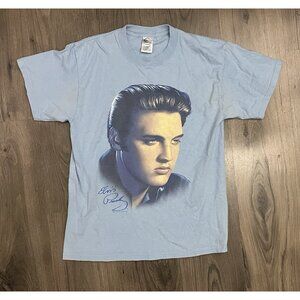 Vintage Elvis T Shirt Medium Blue Y2k Presley Music Rock n Roll Band - WEAR